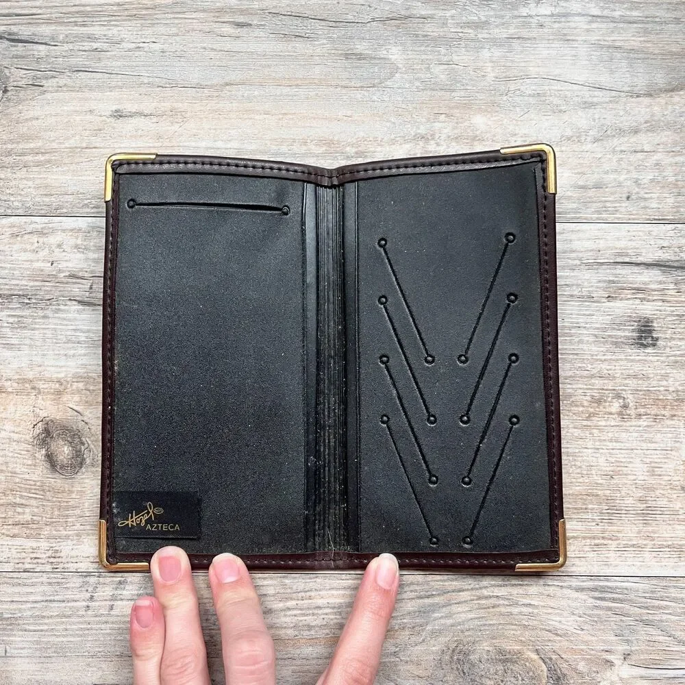Vintage Hazel Azteca Brown Leather Wallet Gold Corners Slim Case Card Holder